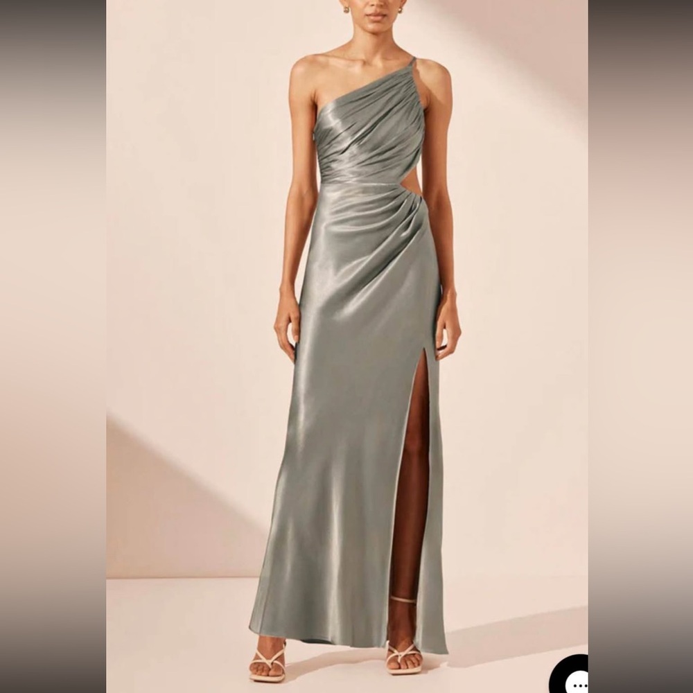 Shona Joy One-Shoulder Sage green Satin Evening Dress with Side Cutout
